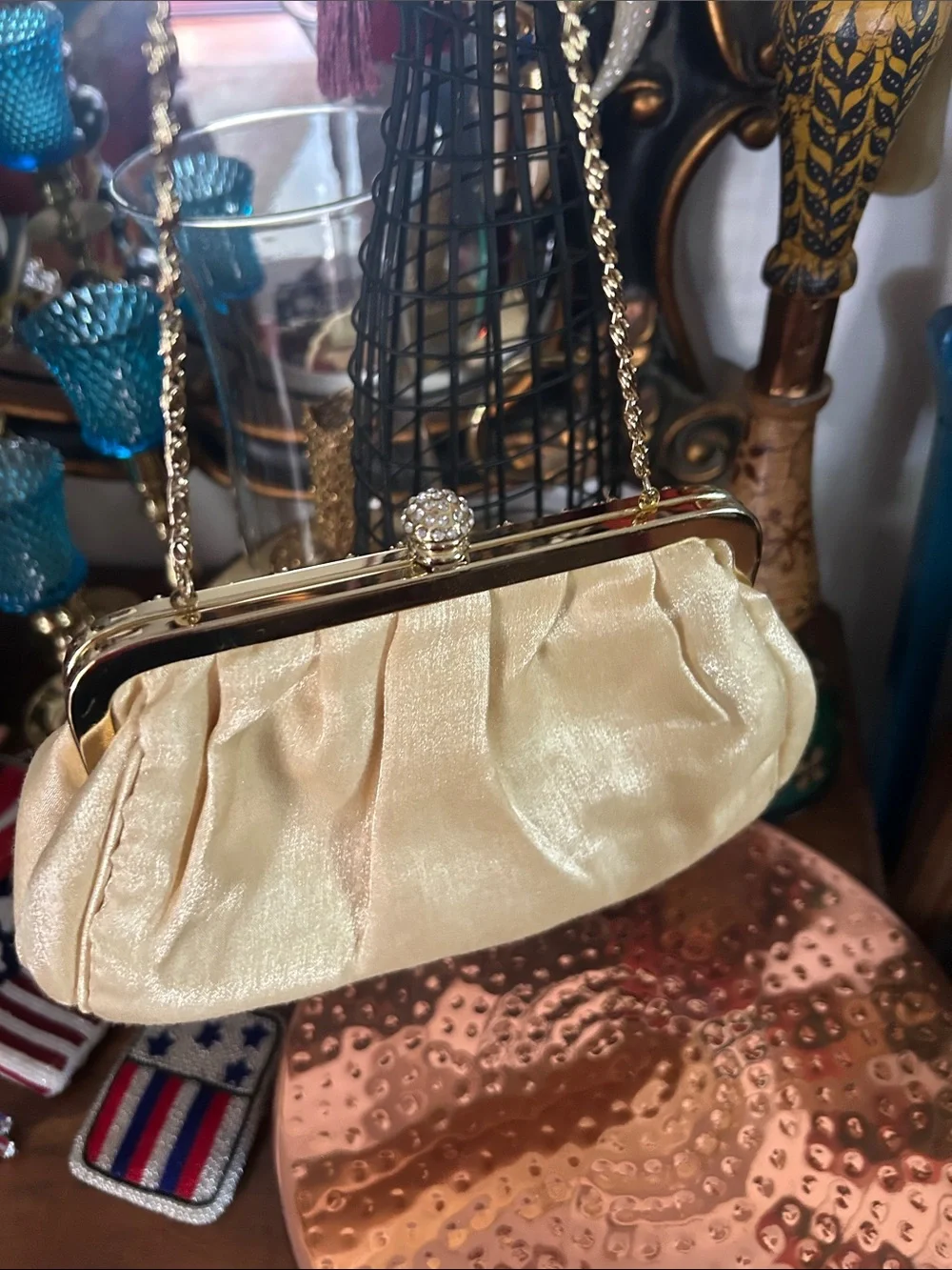 Elegant Cream Satin Evening Clutch with Gold Hardware